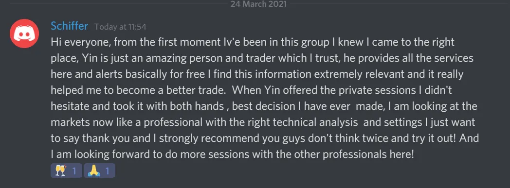 Screenshot of a dark chat testimonial from Schiffer describing trust in Yin as a person and trader and recommending private sessions.