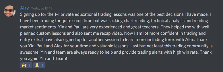 Screenshot of a dark chat testimonial from Ajay praising private educational trading lessons, technical analysis and trading alerts.